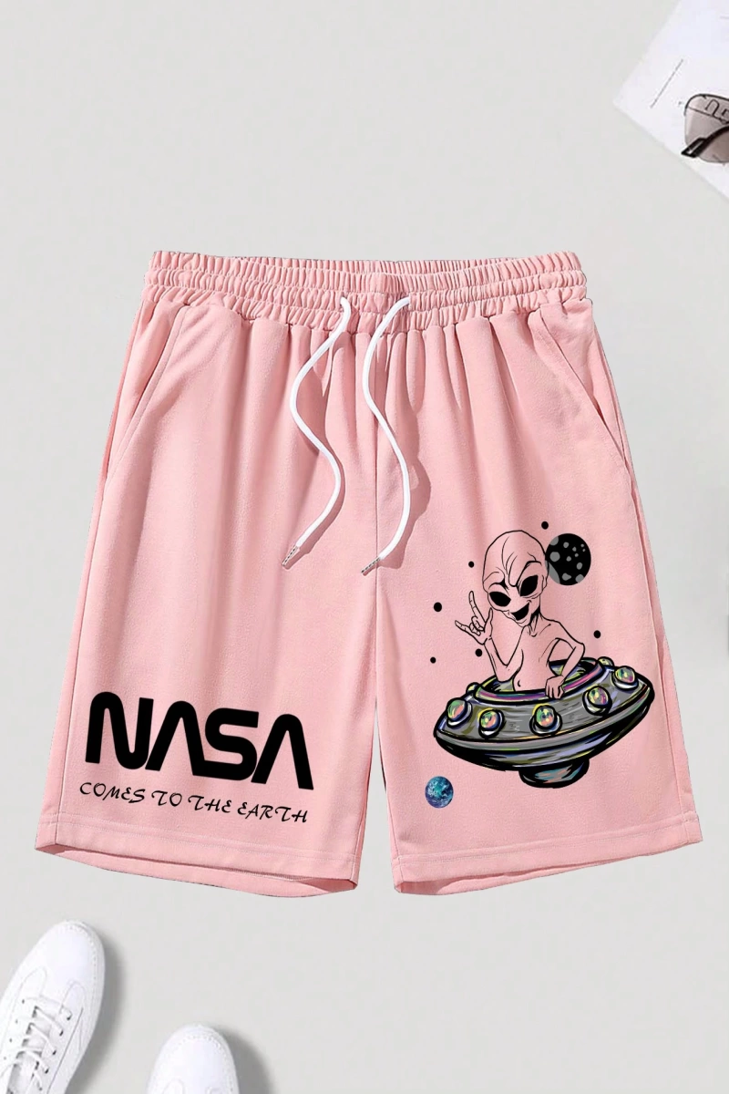 Bol Kesim Erkek Astronot Harf Baskılı Şort Bağcıklı Bel Desenli Grafik Siyah