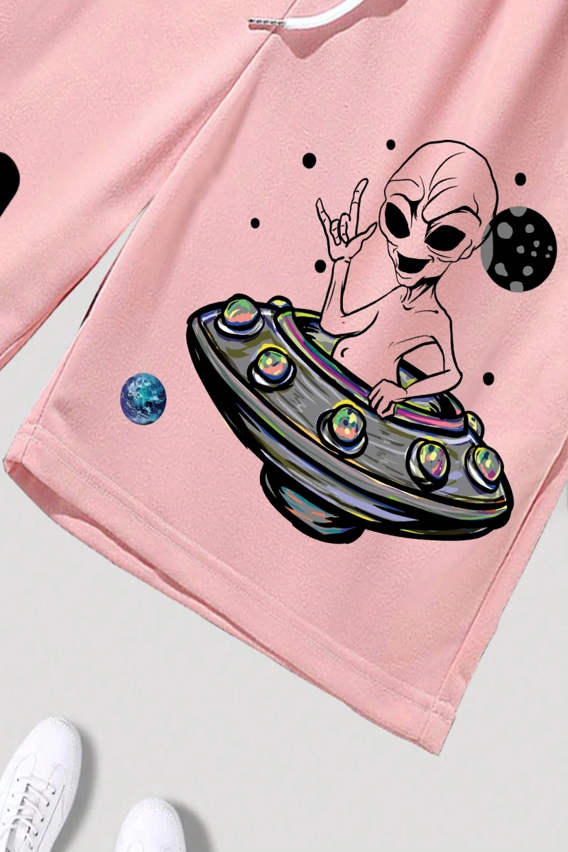 Bol Kesim Erkek Astronot Harf Baskılı Şort Bağcıklı Bel Desenli Grafik Siyah