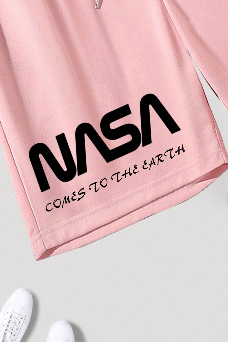 Bol Kesim Erkek Astronot Harf Baskılı Şort Bağcıklı Bel Desenli Grafik Siyah