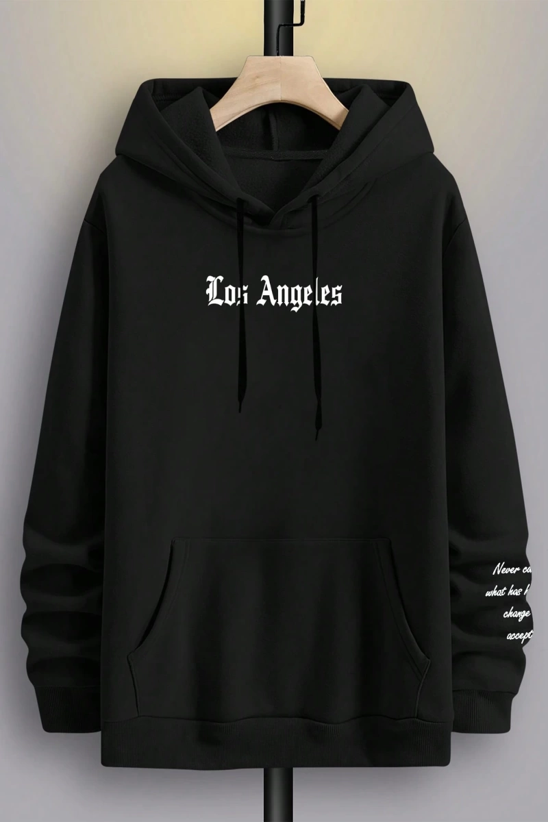 Bol Kesim Erkek Slogan Grafik Düşük Omuzlu Kapşonlu Siyah Harf Los Angeles Uzu