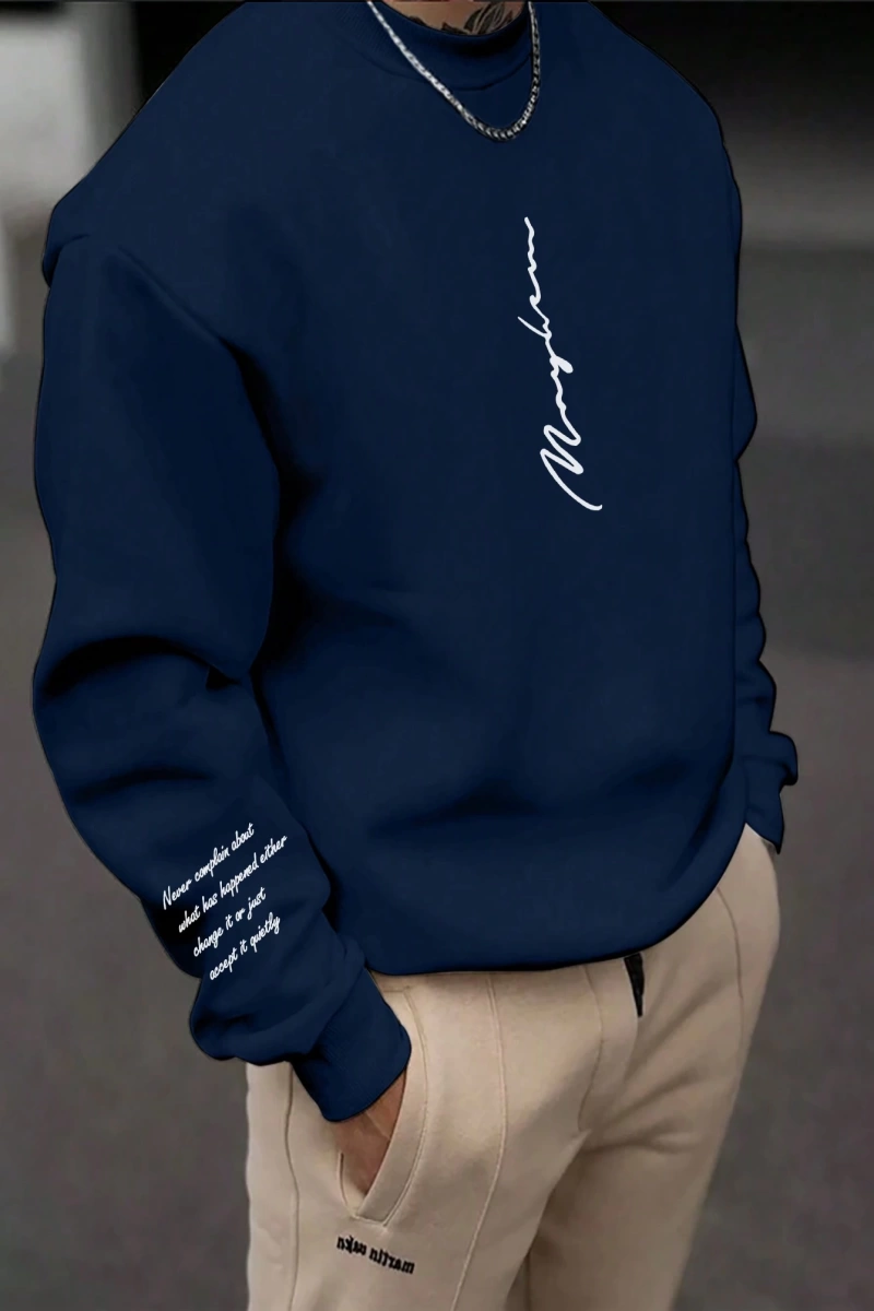 Bol Kesim Erkek Yuvarlak Yakalı Sweatshirt Slogan Baskılı