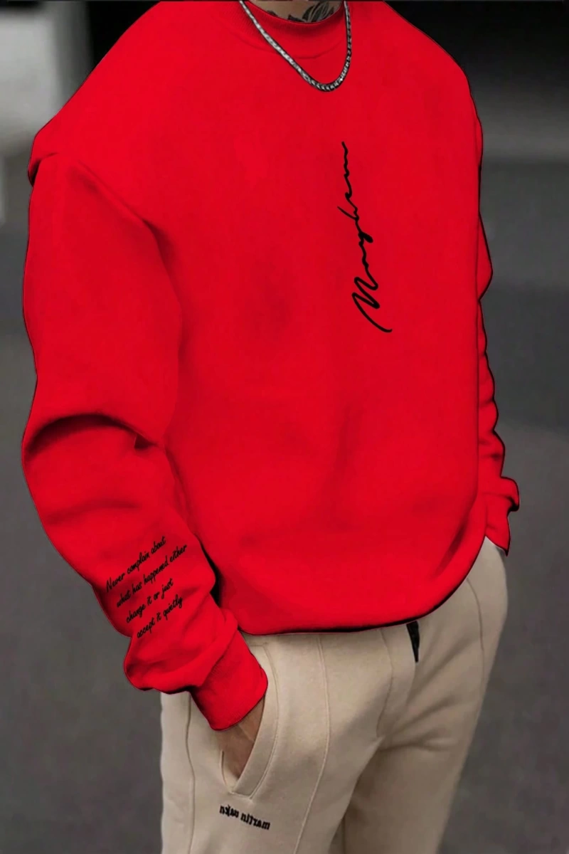 Bol Kesim Erkek Yuvarlak Yakalı Sweatshirt Slogan Baskılı