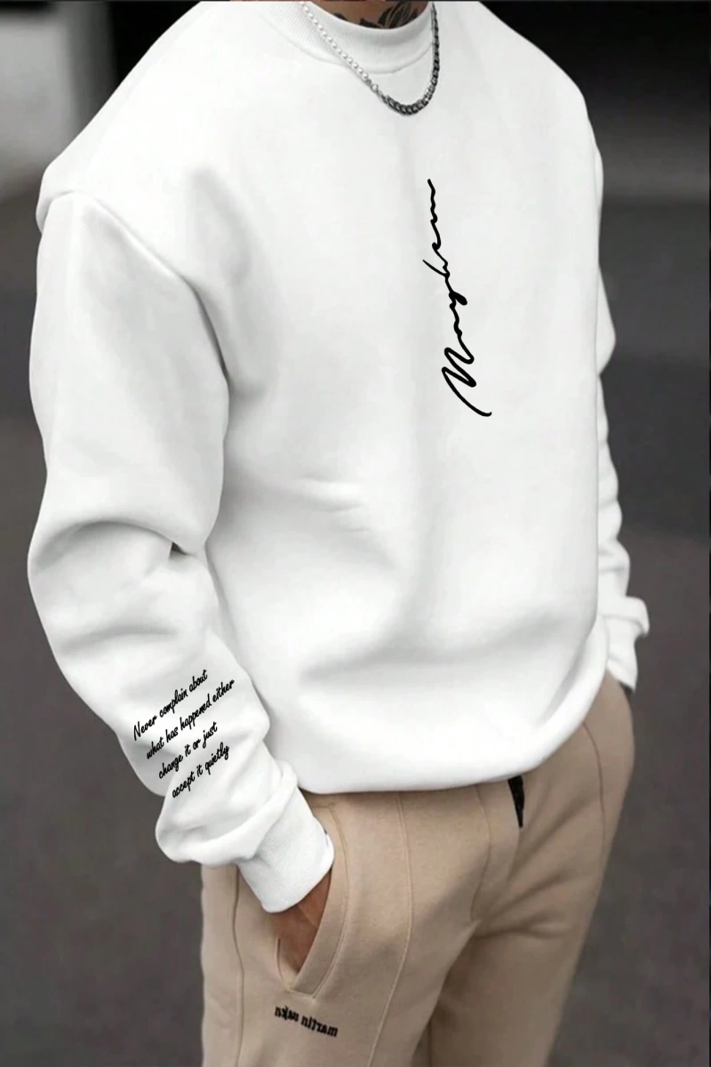 Bol Kesim Erkek Yuvarlak Yakalı Sweatshirt Slogan Baskılı