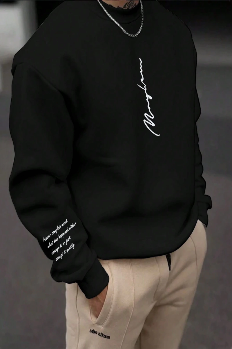 Bol Kesim Erkek Yuvarlak Yakalı Sweatshirt Slogan Baskılı