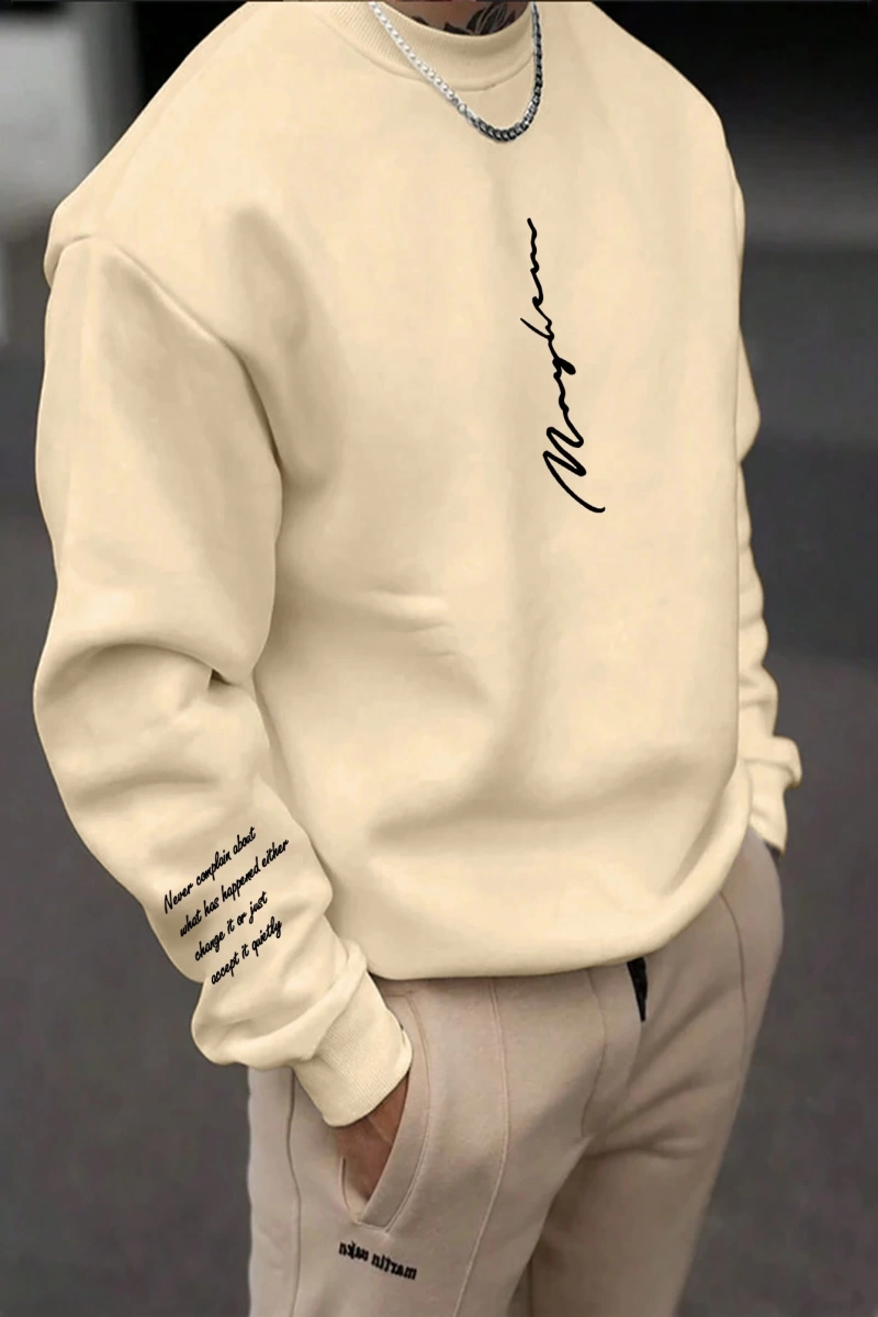 Bol Kesim Erkek Yuvarlak Yakalı Sweatshirt Slogan Baskılı