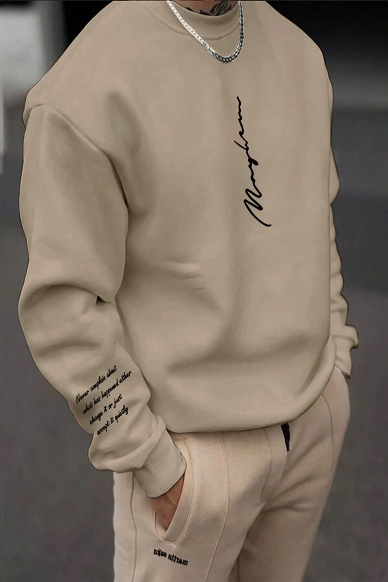 Bol Kesim Erkek Yuvarlak Yakalı Sweatshirt Slogan Baskılı