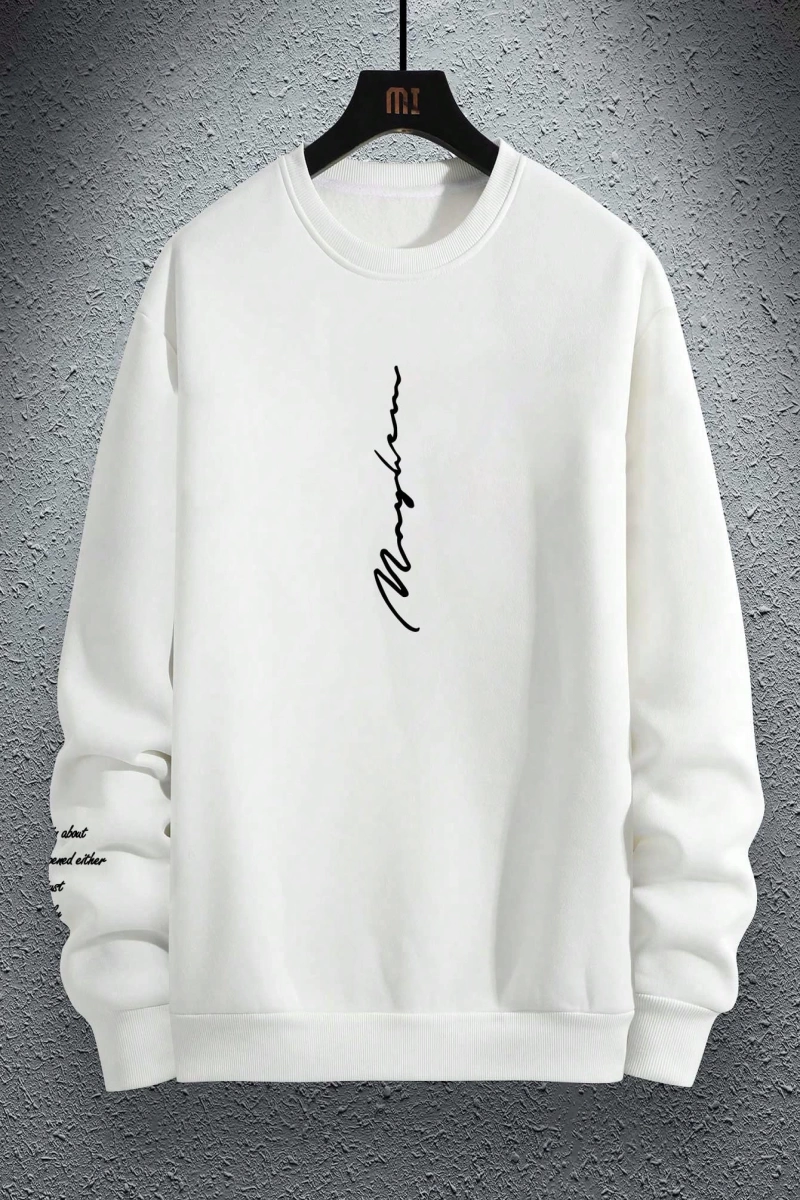 Bol Kesim Erkek Yuvarlak Yakalı Sweatshirt Slogan Baskılı