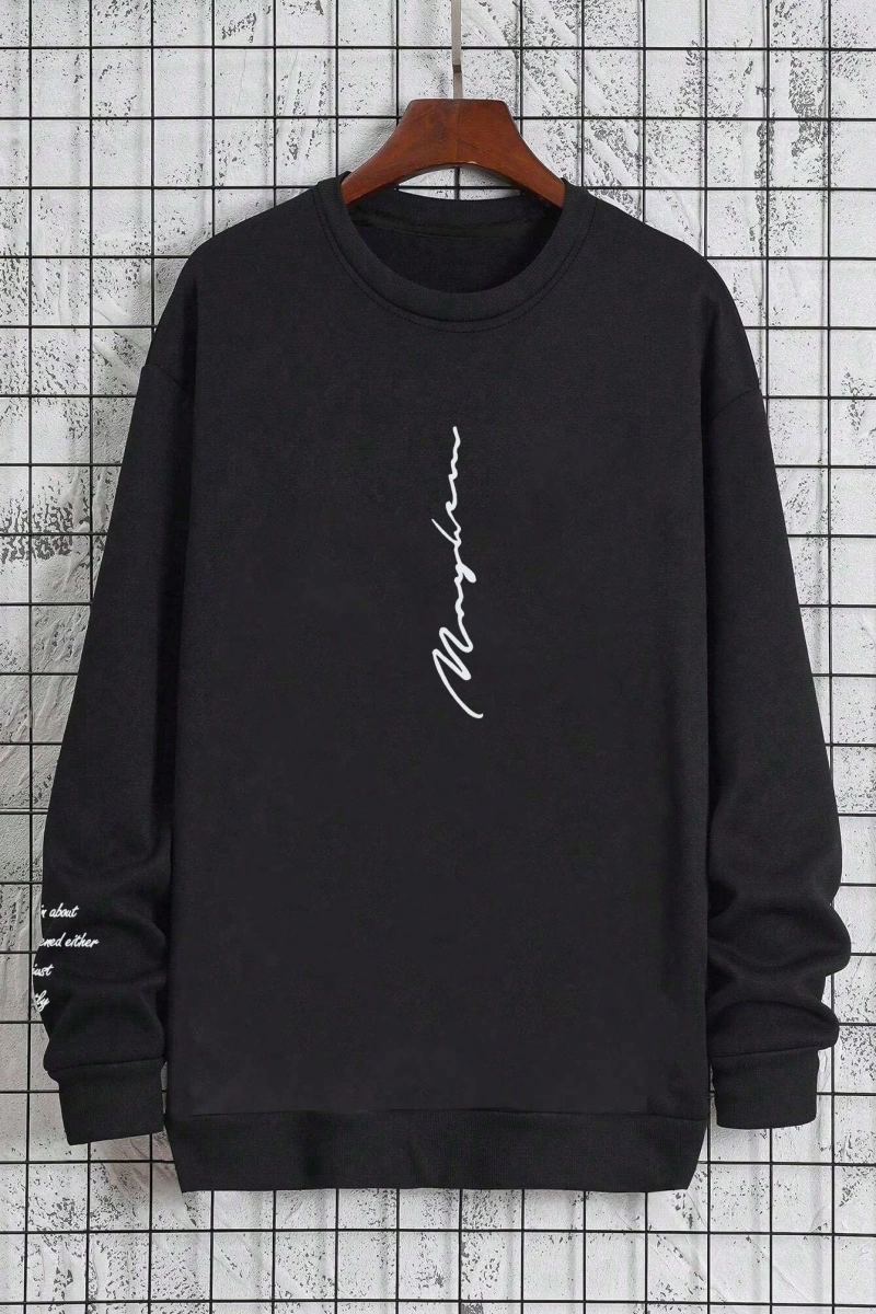Bol Kesim Erkek Yuvarlak Yakalı Sweatshirt Slogan Baskılı