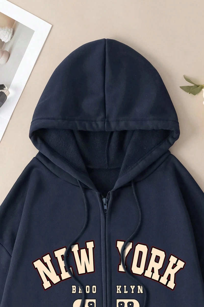 Bol Kesim Mektup Baskılı Kapüşonlu Bağcıklı Sweatshirt Düşük Omuz Tasarımı, Uzun Kollu Model 5137