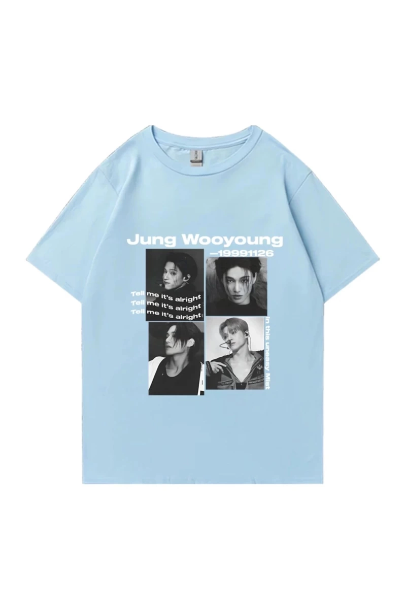 Bts Ateez Wooyoung grafik siyah tişört erkek kadın moda vintage boy kısa kollu t shirt Unisex