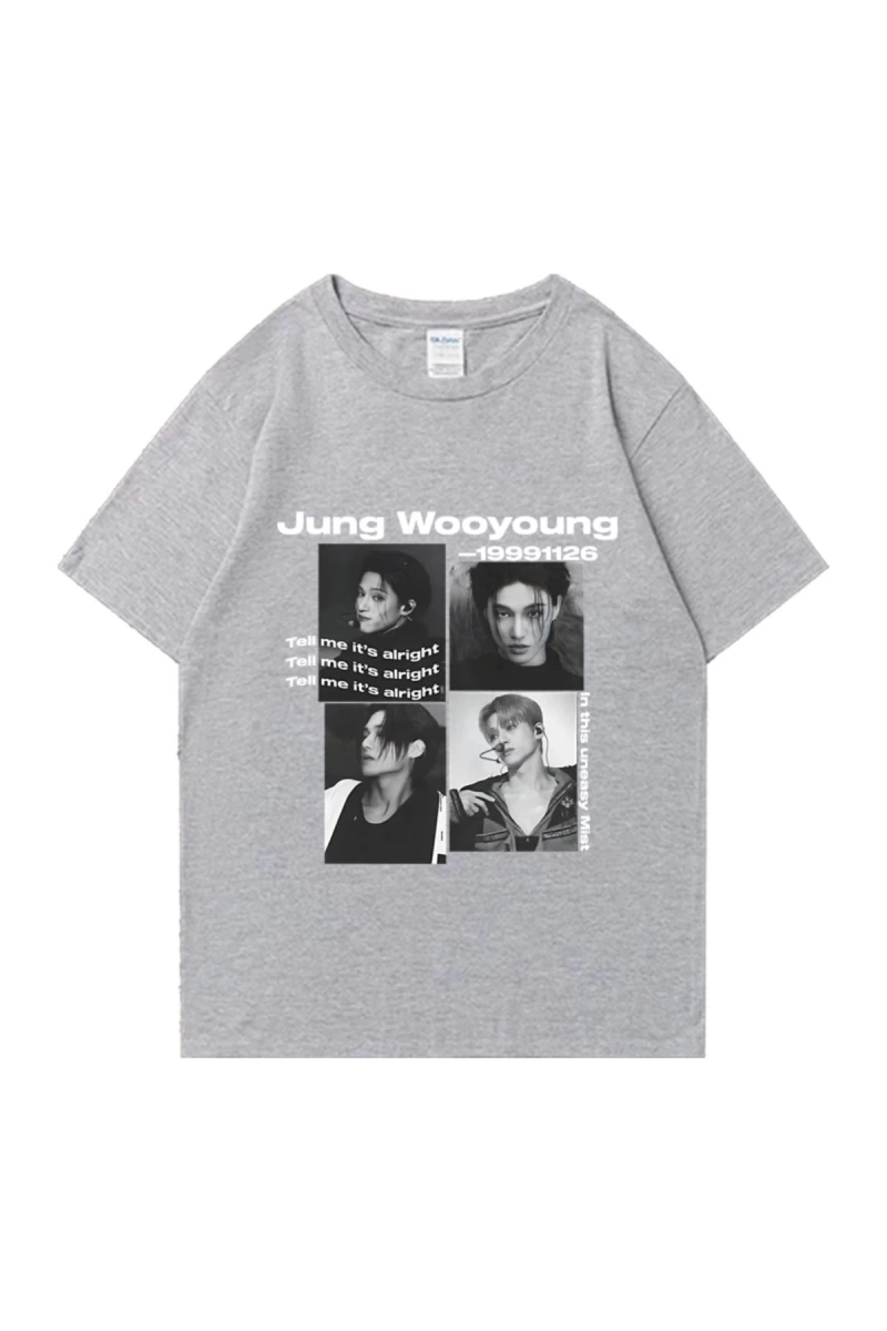 Bts Ateez Wooyoung grafik siyah tişört erkek kadın moda vintage boy kısa kollu t shirt Unisex