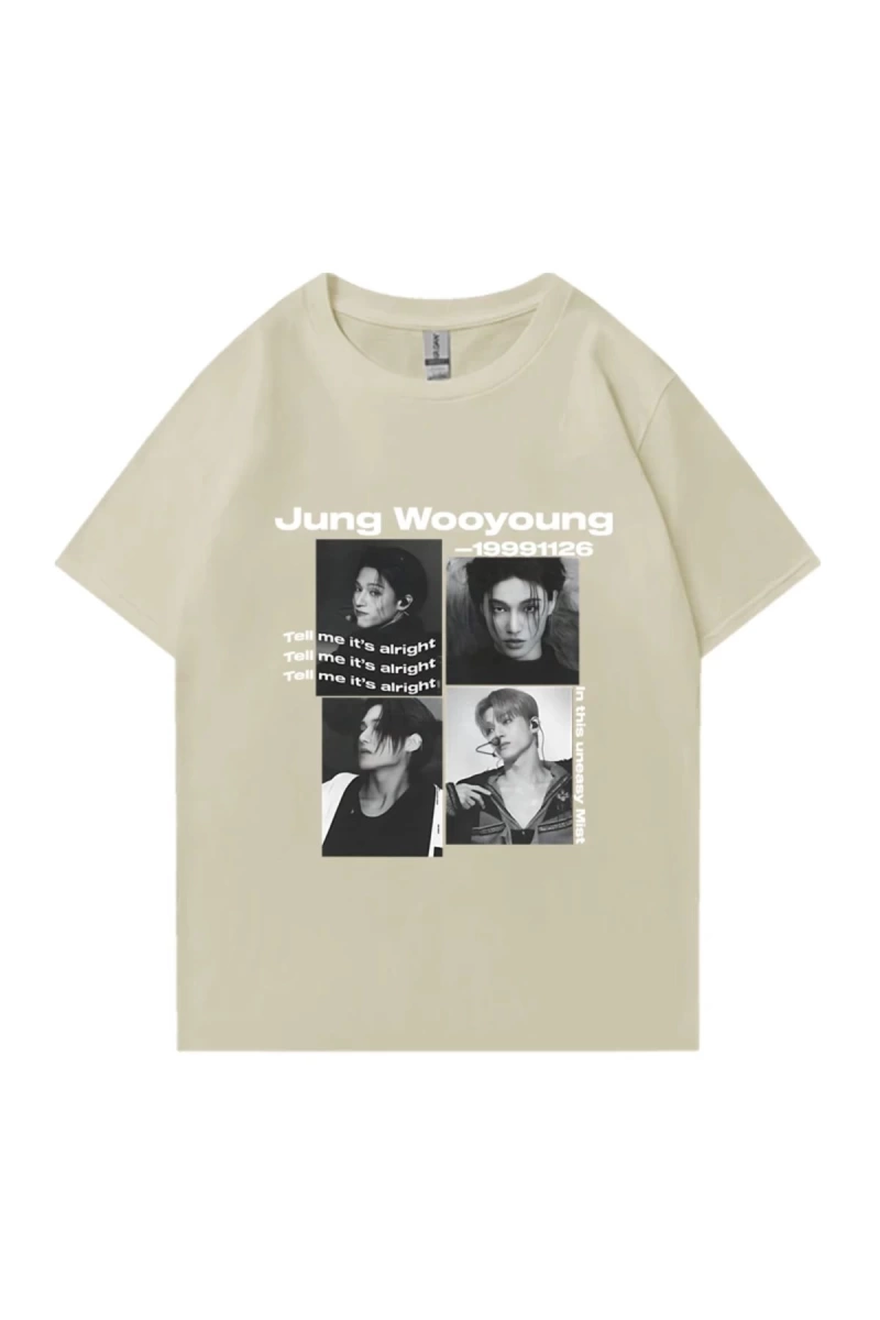 Bts Ateez Wooyoung grafik siyah tişört erkek kadın moda vintage boy kısa kollu t shirt Unisex