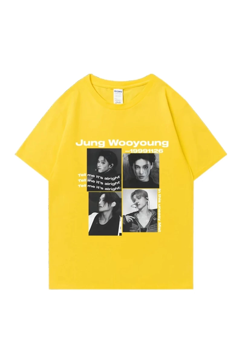 Bts Ateez Wooyoung grafik siyah tişört erkek kadın moda vintage boy kısa kollu t shirt Unisex