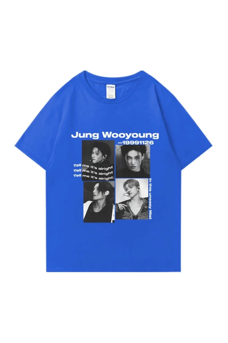 Bts Ateez Wooyoung grafik siyah tişört erkek kadın moda vintage boy kısa kollu t shirt Unisex