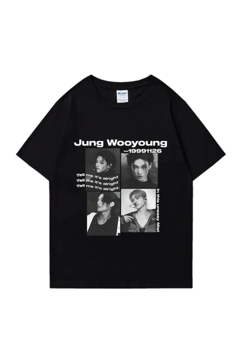 Bts Ateez Wooyoung grafik siyah tişört erkek kadın moda vintage boy kısa kollu t shirt Unisex