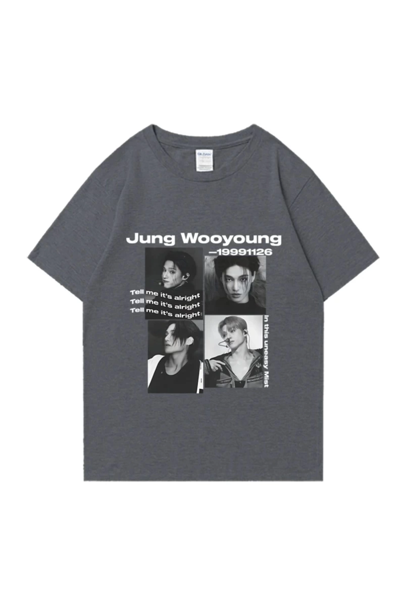 Bts Ateez Wooyoung grafik siyah tişört erkek kadın moda vintage boy kısa kollu t shirt Unisex