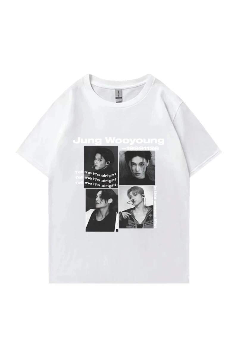 Bts Ateez Wooyoung grafik siyah tişört erkek kadın moda vintage boy kısa kollu t shirt Unisex