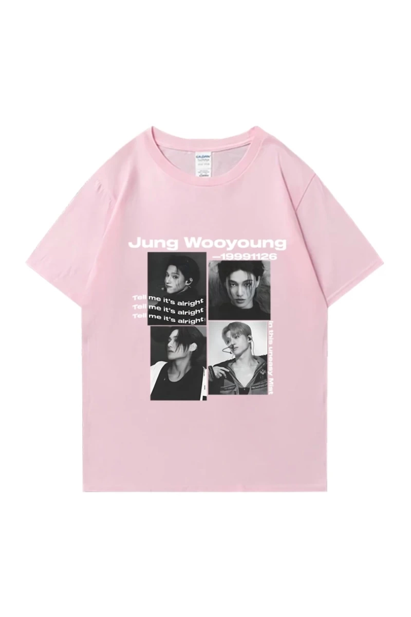 Bts Ateez Wooyoung grafik siyah tişört erkek kadın moda vintage boy kısa kollu t shirt Unisex