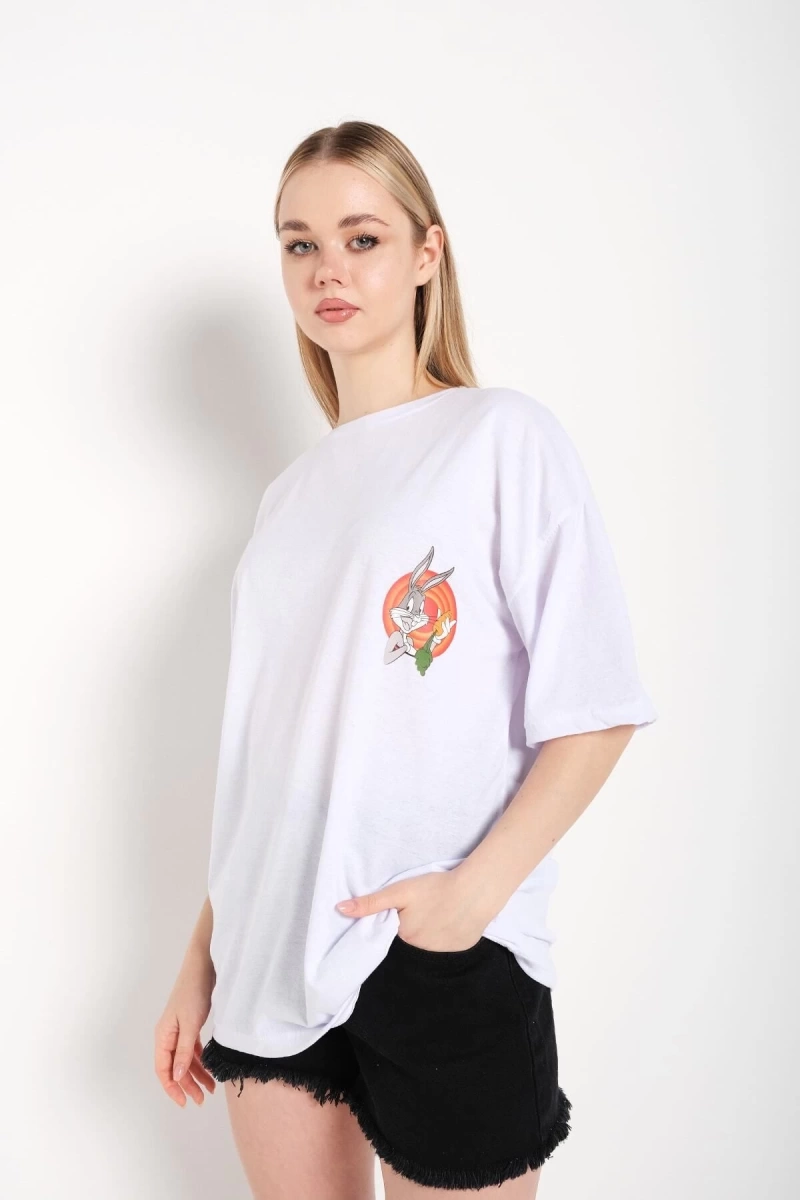 Bugs Bunny Baskılı Beyaz Oversize Tshırt
