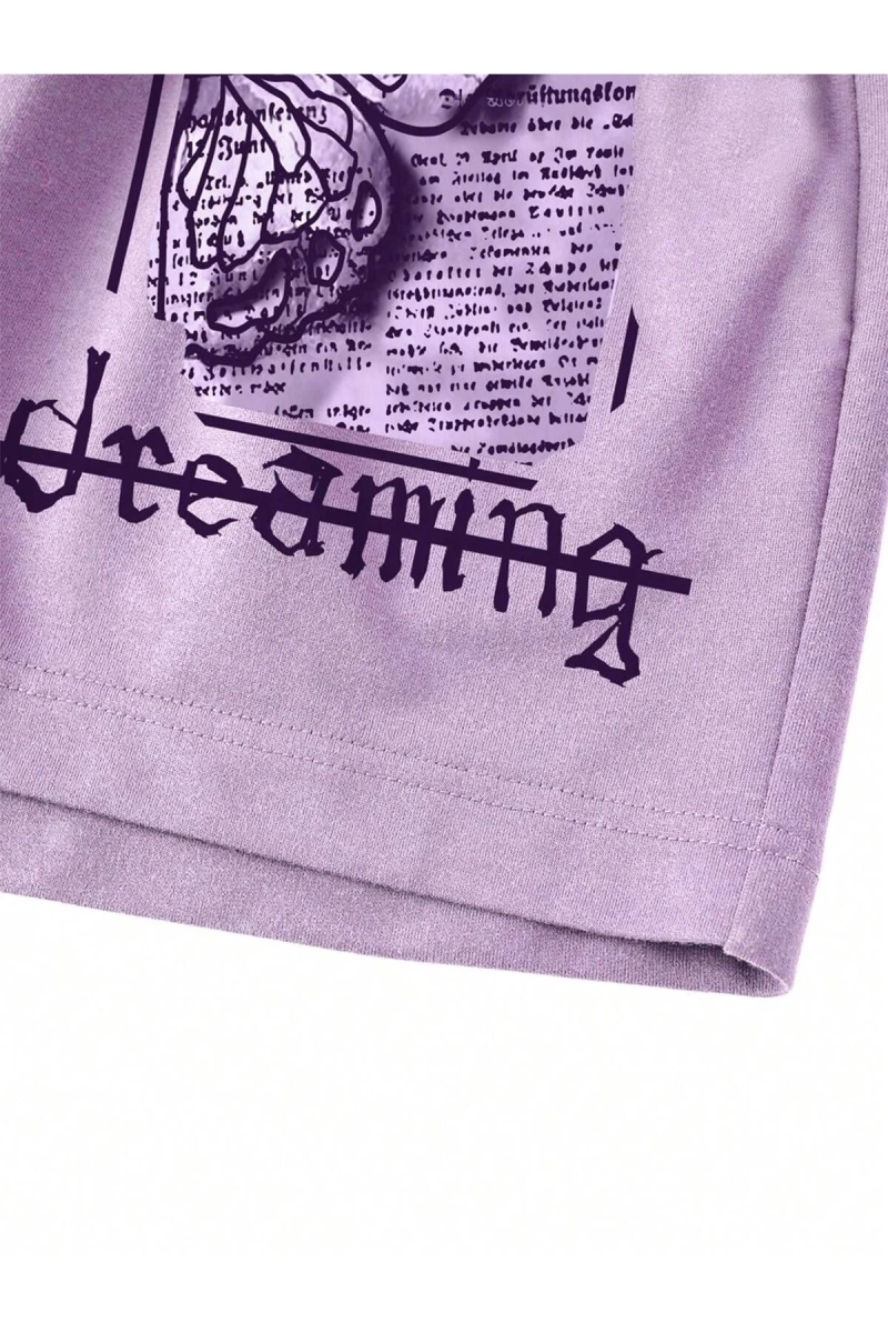 Butterfly & Slogan Graphic Drawstring Waist Track Şort