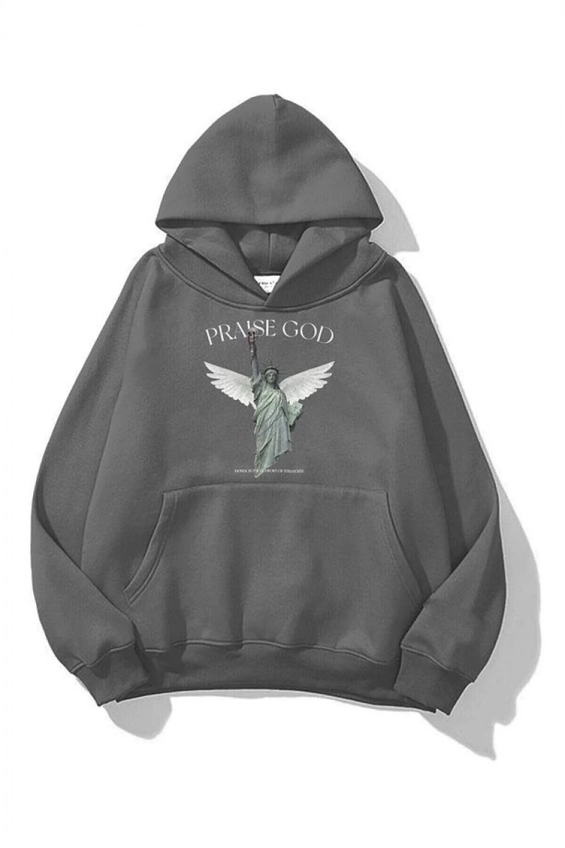 Büyük Beden Antrasit Praise God Baskılı 3 iplik Oversize Kapüşonlu Sweatshirt - Gri