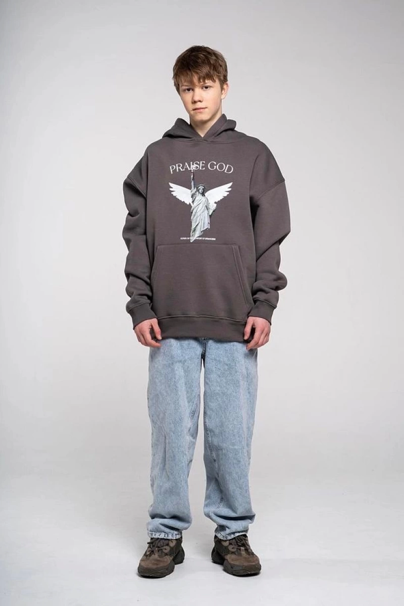 Büyük Beden Antrasit Praise God Baskılı 3 iplik Oversize Kapüşonlu Sweatshirt - Gri