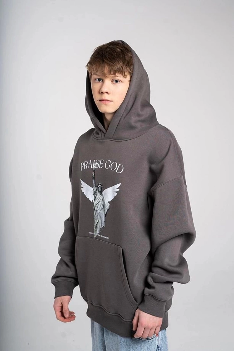 Büyük Beden Antrasit Praise God Baskılı 3 iplik Oversize Kapüşonlu Sweatshirt - Gri