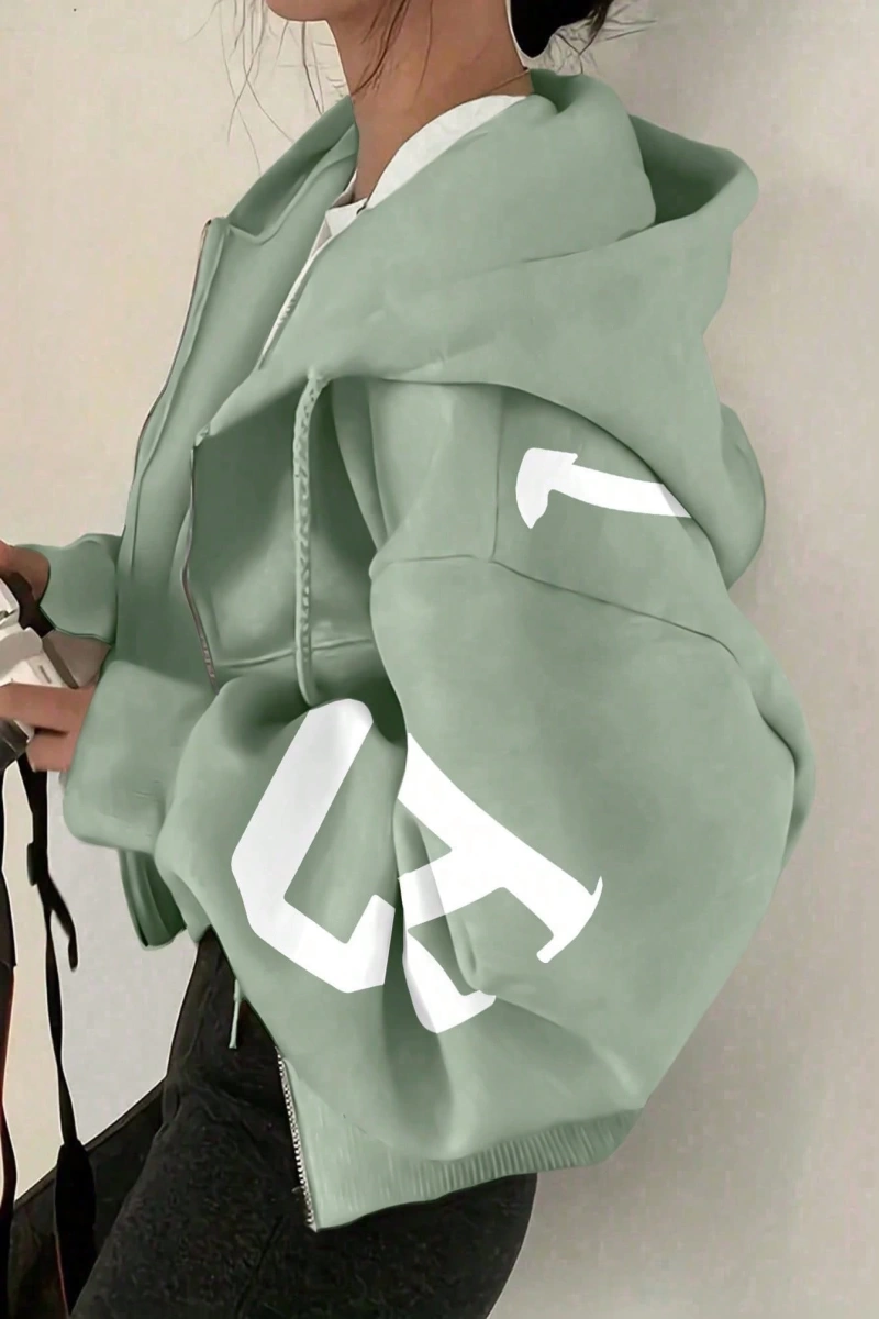 Büyük Beden Bol Günlük Kapüşonlu Fermuarlı Harf Baskılı Sweatshirt Model 5146