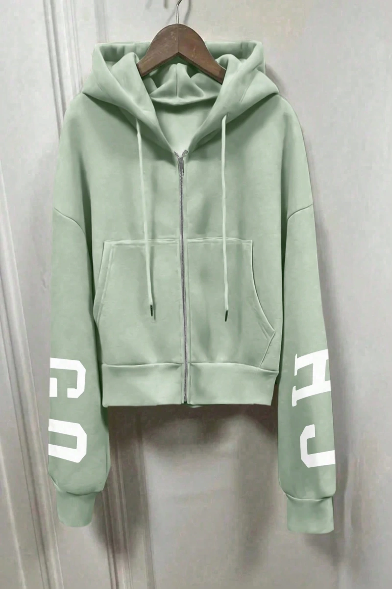 Büyük Beden Bol Günlük Kapüşonlu Fermuarlı Harf Baskılı Sweatshirt Model 5146