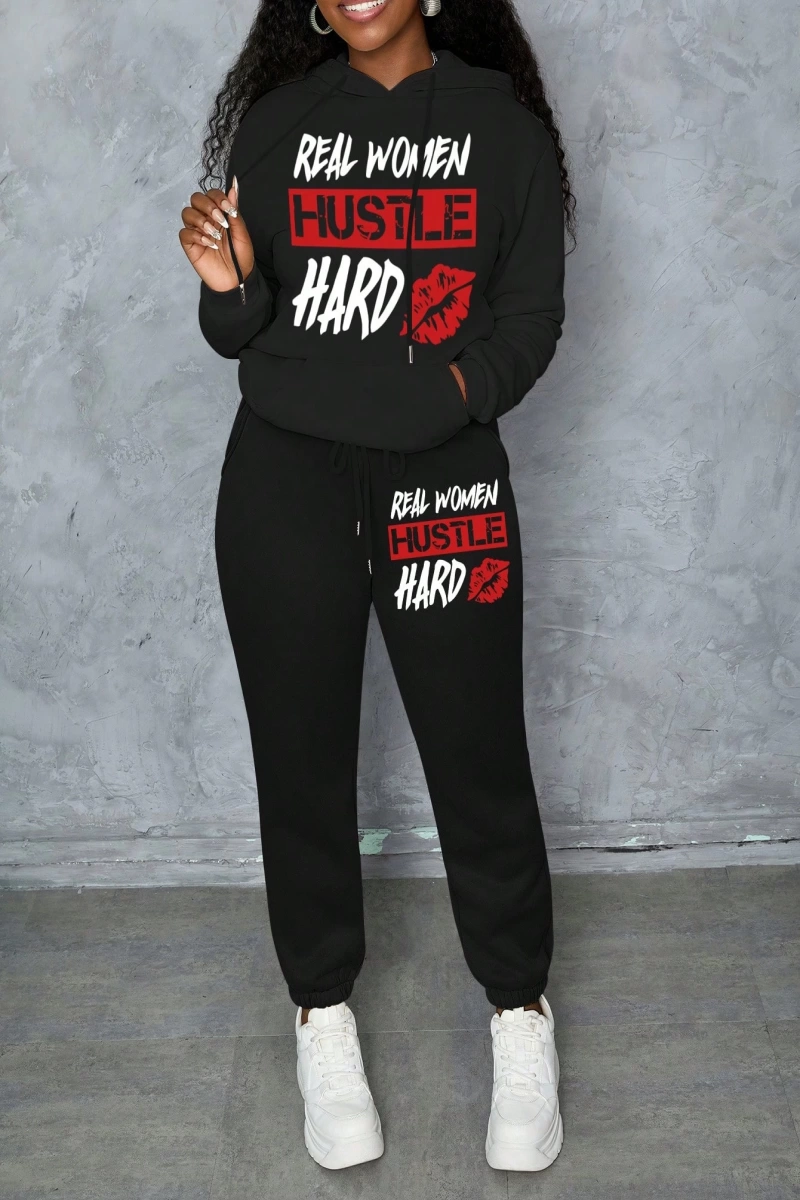 Büyük Beden Kadın Harf Baskılı Yuvarlak Yaka Uzun Kollu Sweatshirt Ve Eşofman Altı 2 Parçalı