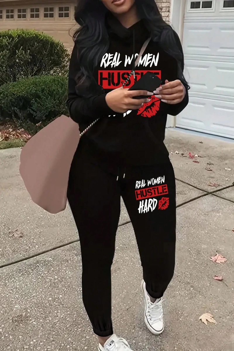 Büyük Beden Kadın Harf Baskılı Yuvarlak Yaka Uzun Kollu Sweatshirt Ve Eşofman Altı 2 Parçalı