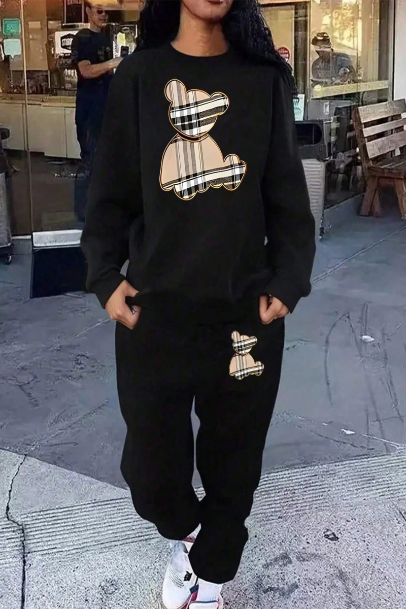 Büyük Beden Kadın Karikatür Ekose Teddy Ayı Baskılı Uzun Kollu Sweatshirt Ve Eşofman A