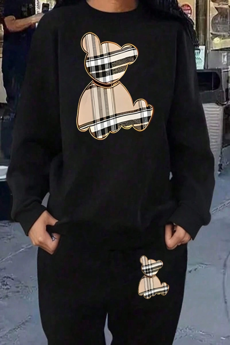 Büyük Beden Kadın Karikatür Ekose Teddy Ayı Baskılı Uzun Kollu Sweatshirt Ve Eşofman A