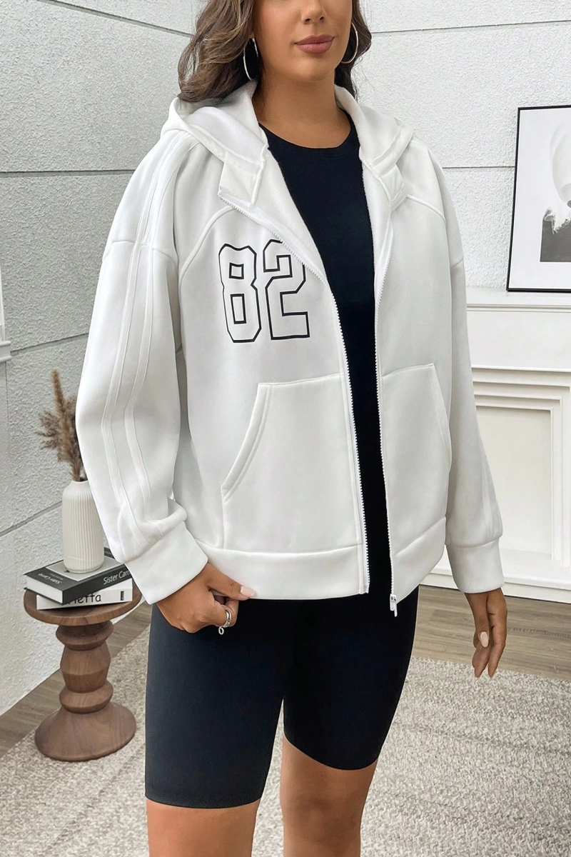 Büyük Beden Kadın Numara Baskılı Uzun Kollu Fermuarlı Kapüşonlu Sweatshirt, Sonbahar/K Model 5185