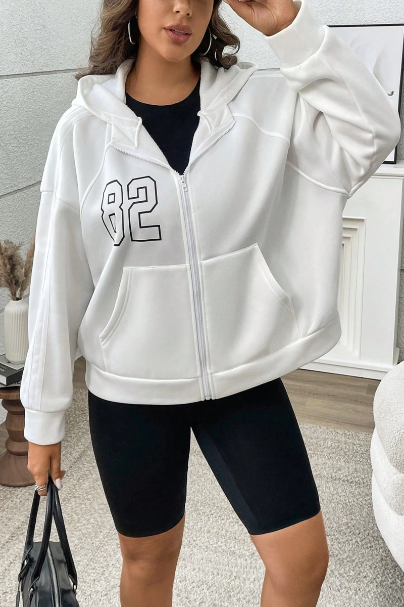 Büyük Beden Kadın Numara Baskılı Uzun Kollu Fermuarlı Kapüşonlu Sweatshirt, Sonbahar/K Model 5185