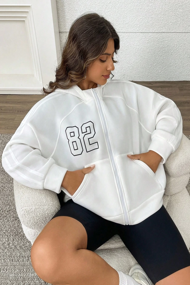 Büyük Beden Kadın Numara Baskılı Uzun Kollu Fermuarlı Kapüşonlu Sweatshirt, Sonbahar/K Model 5185