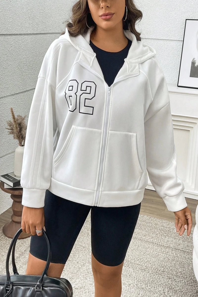 Büyük Beden Kadın Numara Baskılı Uzun Kollu Fermuarlı Kapüşonlu Sweatshirt, Sonbahar/K Model 5185