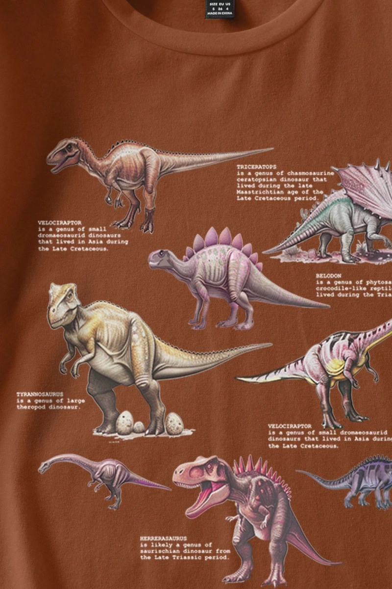 Büyük Beden Kadın Yazlık Dinozor Baskılı Dar Kesim Tişört, Rahat ve Minimalist