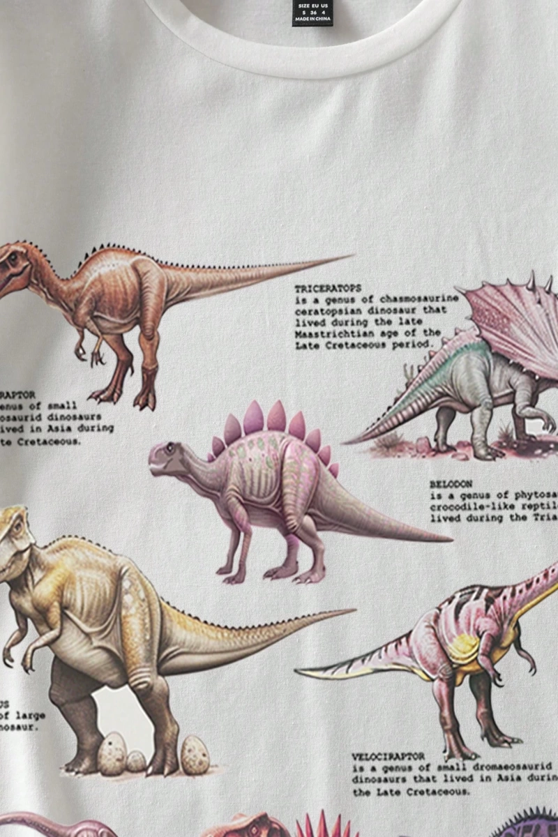 Büyük Beden Kadın Yazlık Dinozor Baskılı Dar Kesim Tişört, Rahat ve Minimalist
