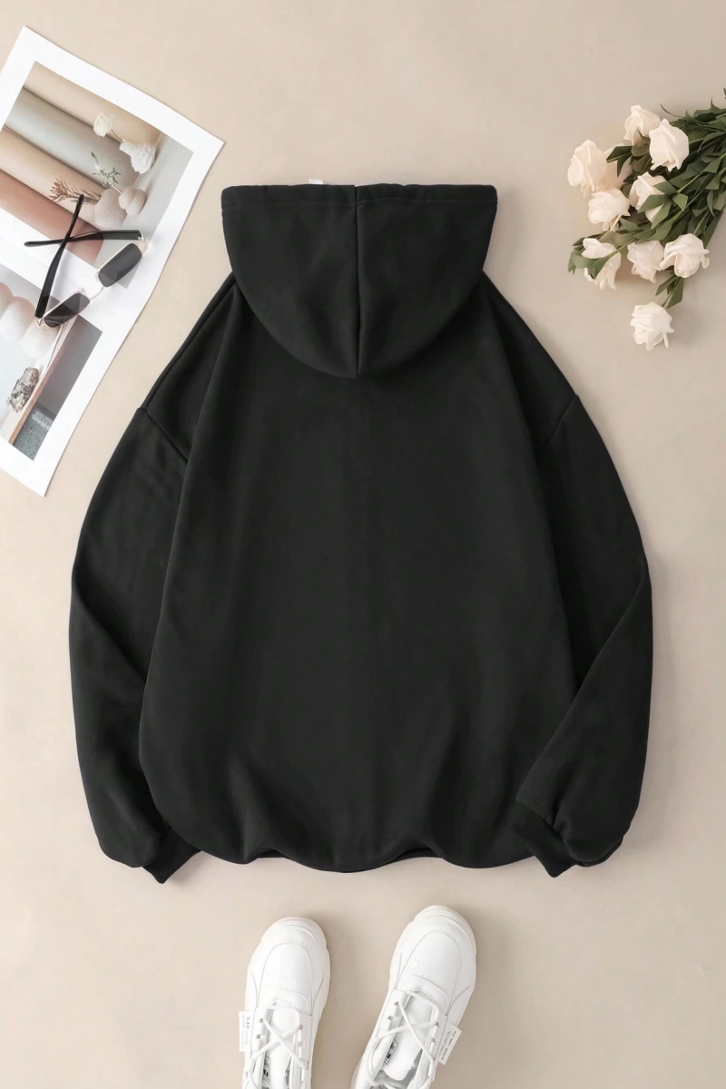 Büyük Beden Kapüşonlu Sweatshirt Harf Baskılı ve Bağcıklı Model 5174