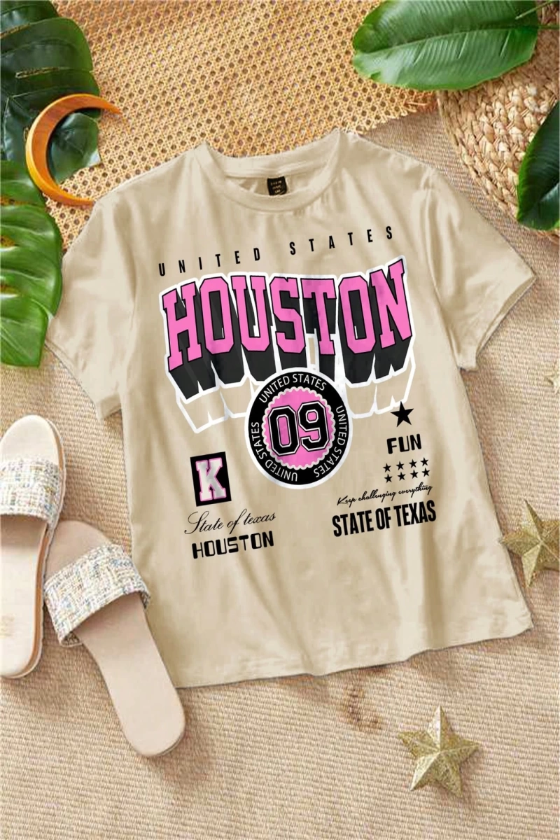 Büyük Beden Tişörtler Rahat Basit HOUSTON Mektup Baskılı Bol Kesim Kısa Kollu Ti