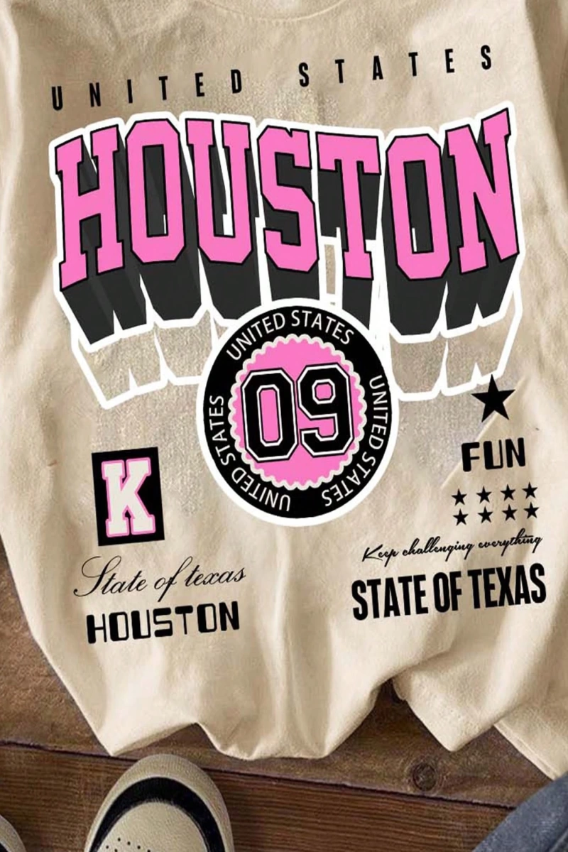 Büyük Beden Tişörtler Rahat Basit HOUSTON Mektup Baskılı Bol Kesim Kısa Kollu Ti