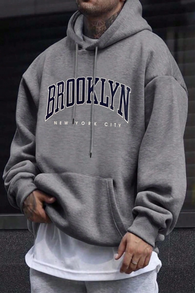 Büyük Boy Erkek Mektup Baskılı Bağcıklı Kapüşonlu Sweatshirt