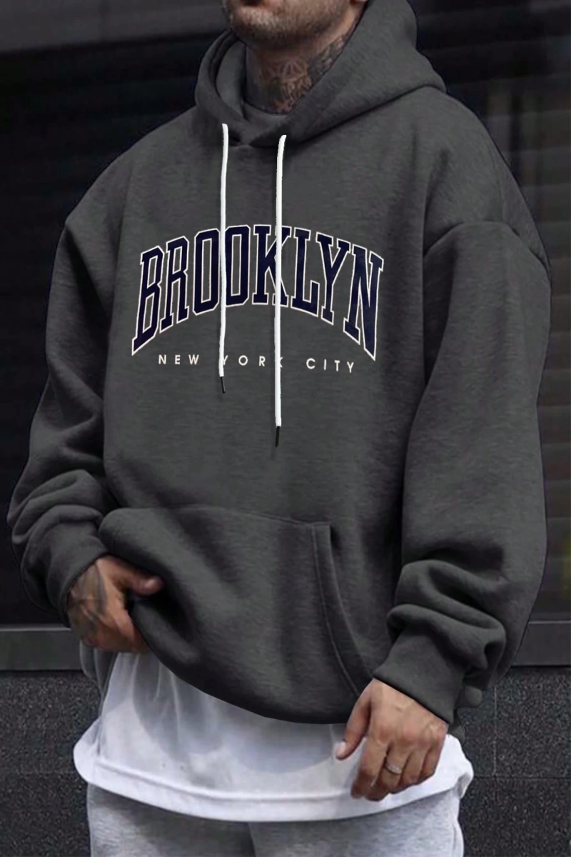 Büyük Boy Erkek Mektup Baskılı Bağcıklı Kapüşonlu Sweatshirt
