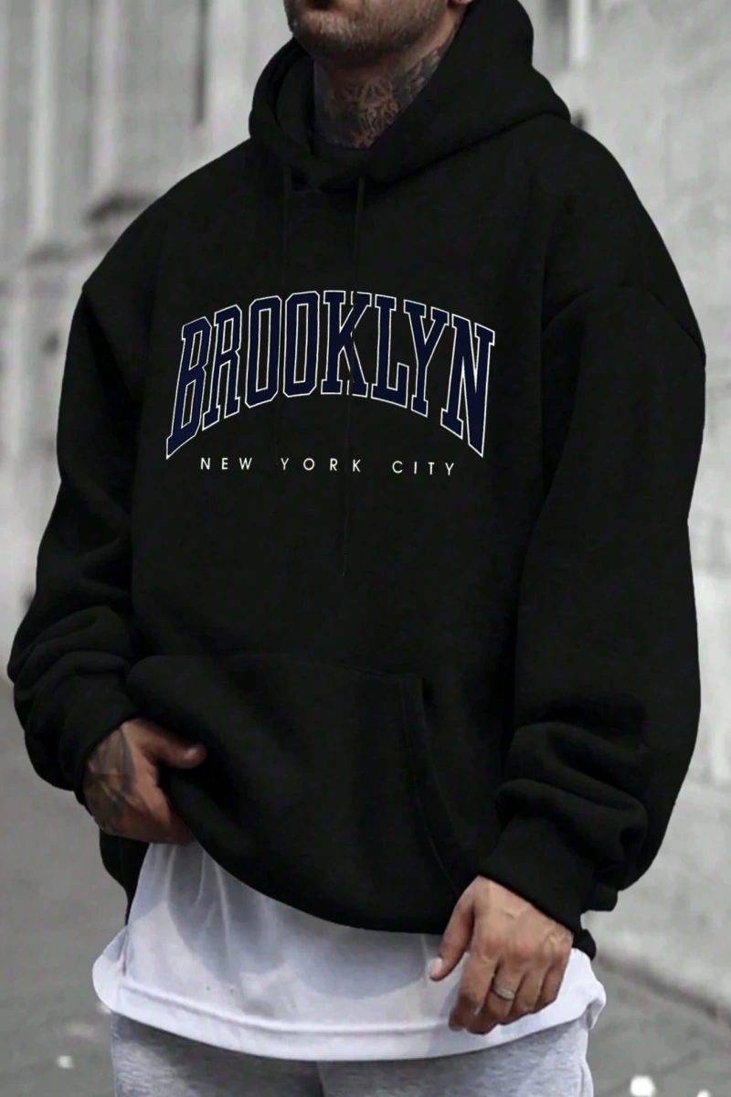 Büyük Boy Erkek Mektup Baskılı Bağcıklı Kapüşonlu Sweatshirt