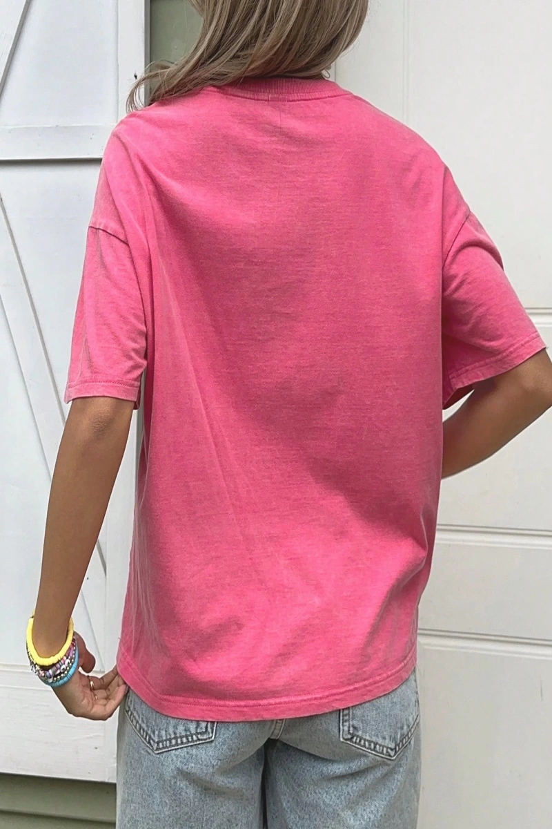 Büyük Boy Rahat Basit Kiraz Desen Yuvarlak Yaka Düşük Omuz Bol Tişört Kadınlar İ