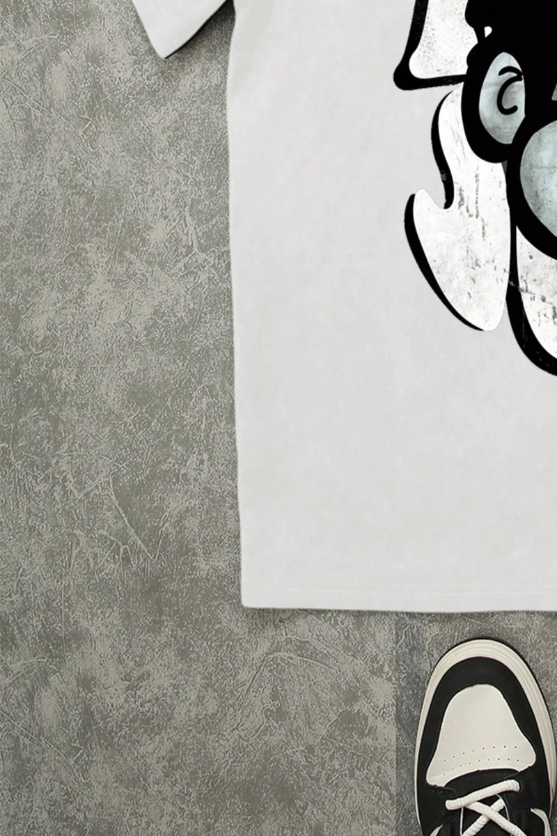 Büyük Boy Vintage Stil Komik Portre Grafik Siyah Bol Omuzdan Aşağı Tişört (