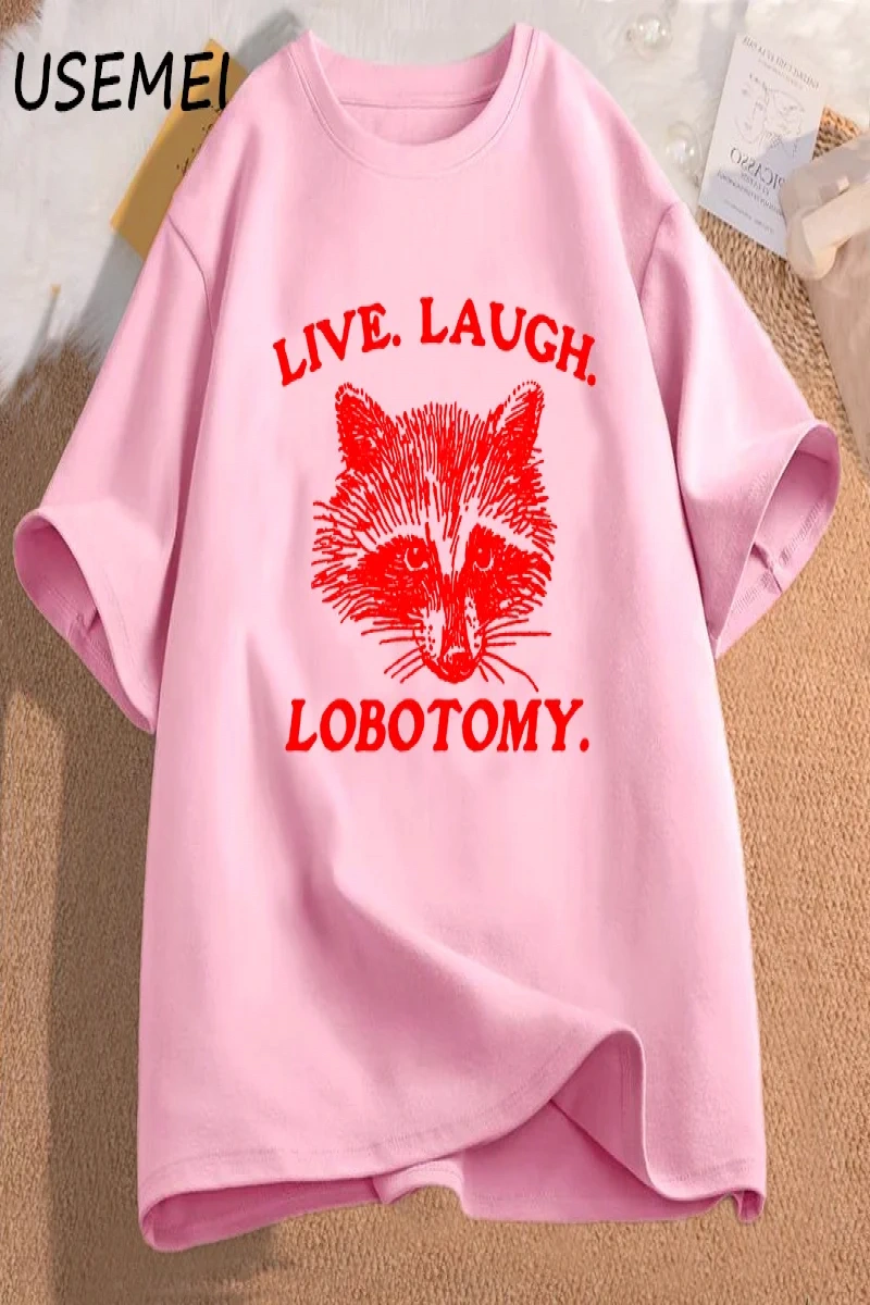 Canlı gülmek Lobotomy T Shirt Meme rakun grafik T-Shirt Vintage pamuk kısa kollu baskılı Tshi 2901