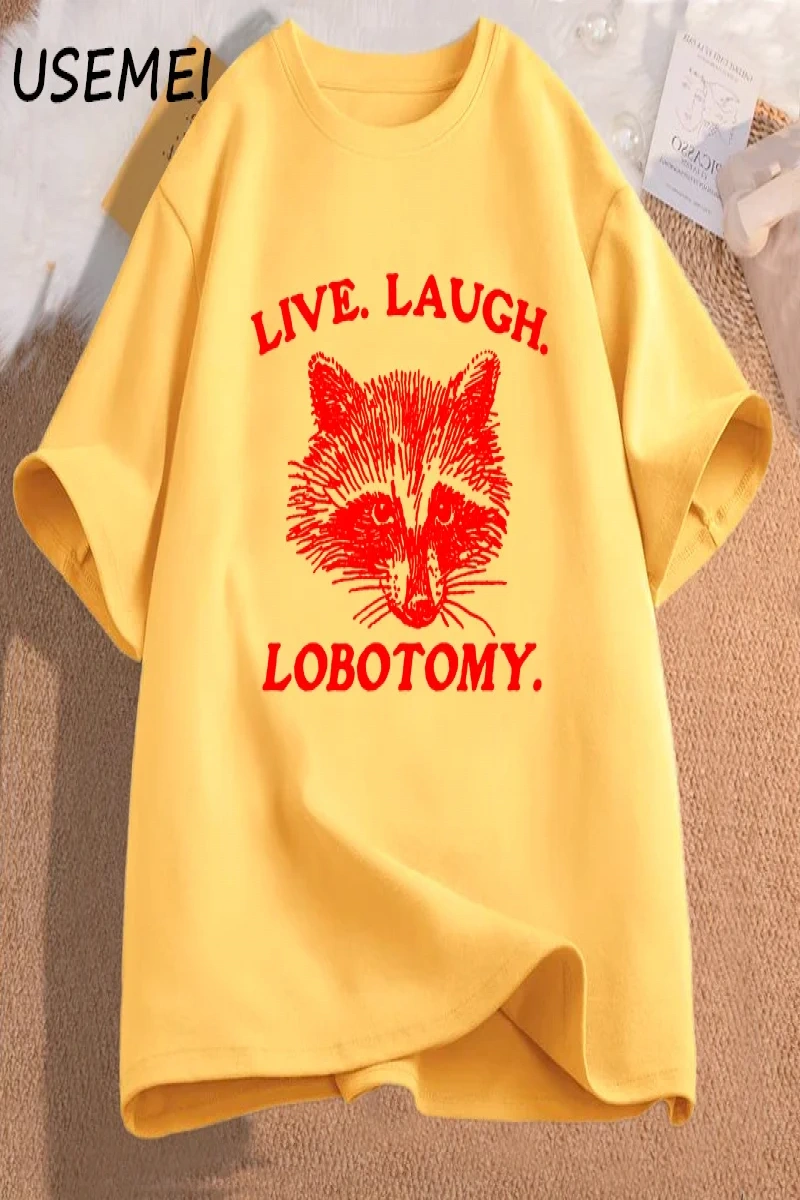 Canlı gülmek Lobotomy T Shirt Meme rakun grafik T-Shirt Vintage pamuk kısa kollu baskılı Tshi 2901