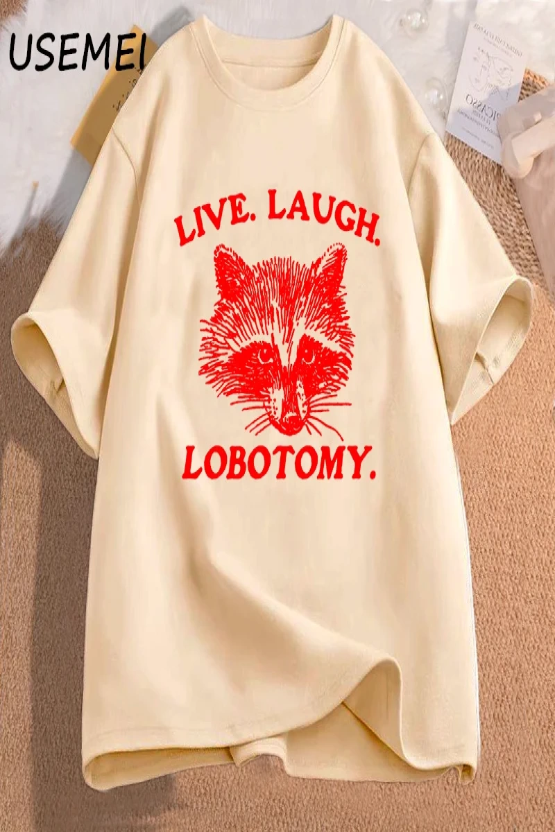 Canlı gülmek Lobotomy T Shirt Meme rakun grafik T-Shirt Vintage pamuk kısa kollu baskılı Tshi 2901